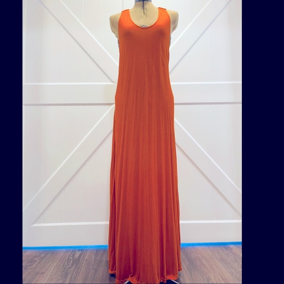 open back sparkle beads on center strap, pumpkin orange maxi dress knit stretchy - Picture 9 of 11